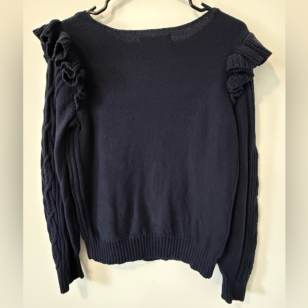 LOFT Navy Cable Knit Ruffle Shoulder Sweater Size Medium - Picture 2 of 3